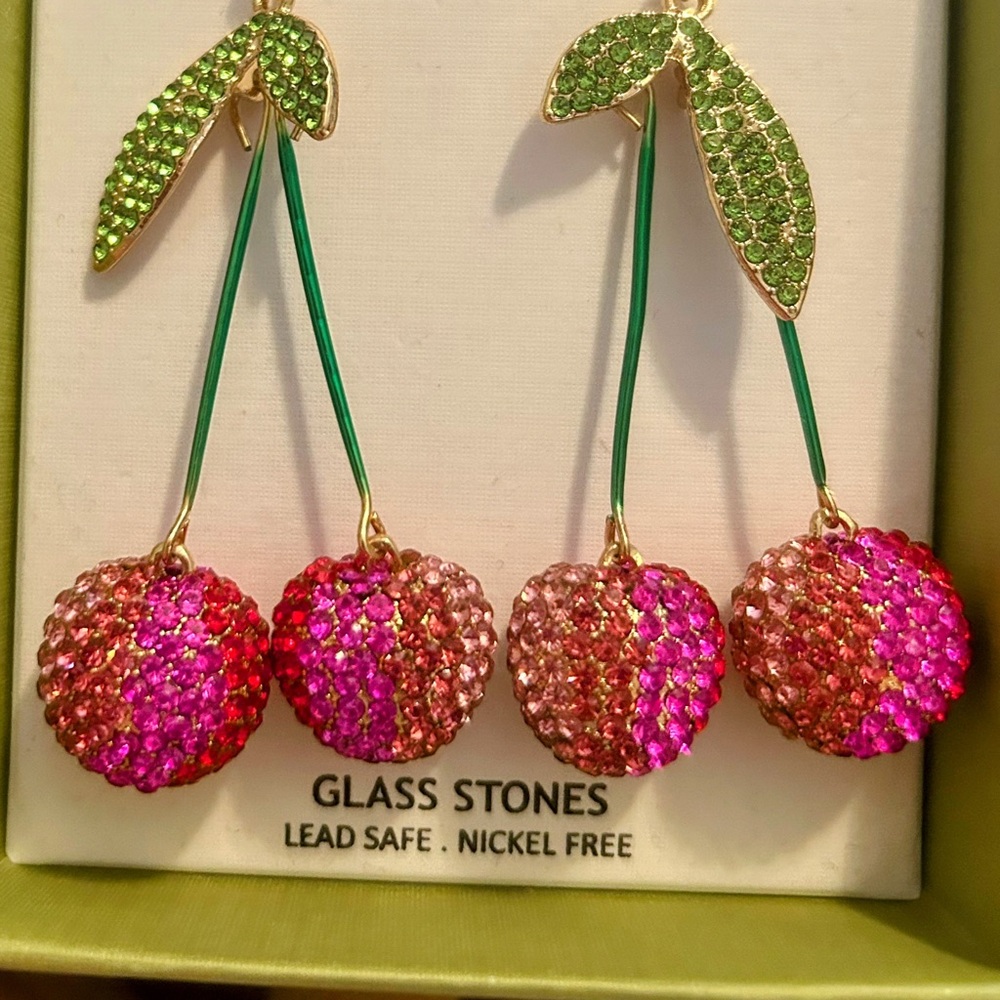 New Gold Cherry Drop Earrings with Pink and Green Crystals by Piper K